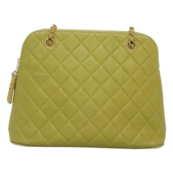 CHANEL Chain Shoulder Bag Grained Calf Skin Green Gold CC Auth MX494 - Picture 1 of 16